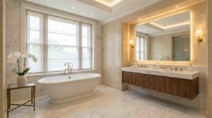 Elegant spa bathroom with marble surfaces and brass fixtures inspired by Victoria Hagans serene American classical design