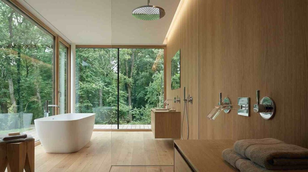 Modern minimalist bathroom with natural wood and chrome fixtures showcasing Philippe Starck salon d'eau design philosophy