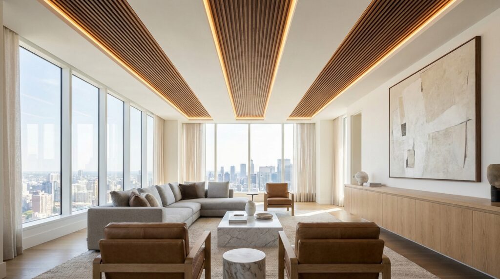POP Ceiling with Wooden Panel Integration
